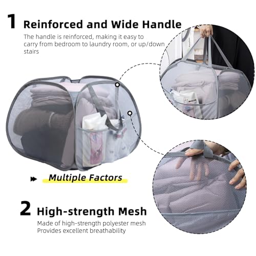 Hedonlee Collapsible Laundry Basket 90L Mesh Hamper with Handles - Square Mesh, Gray