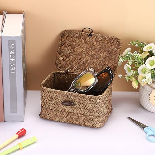 Hipiwe Handwoven Seagrass Basket with Lid - Mini Storage Organizer