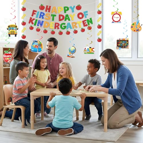 First Day of Kindergarten Banner Set with Hanging Swirls - No-DIY Decor for Photo Backdrops
