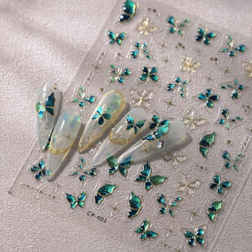 5D Embossed Green Gold Butterfly Nail Stickers Self-Adhesive Nail Decals