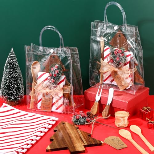 Potchen Christmas Wooden Cheese Board Set with Utensils and Towels - Tree A, 6 Pieces
