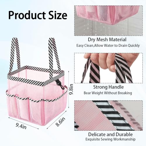 Ynaquest Mesh Shower Caddy - 9 Pocket Portable Toiletry Tote, Pink Stripe