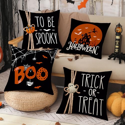Halloween Ghost Pillow Covers Set of 4 - Black & Orange Decorative Cushion Cases