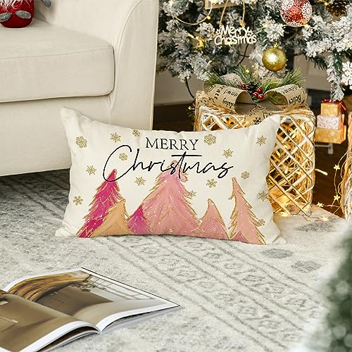 Pink Christmas Throw Pillow Cover 12x20 Inch for Sofa