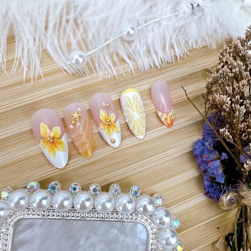 French Tip Press on Nails Medium Almond Fake Nails 3D Flower Lemon Design