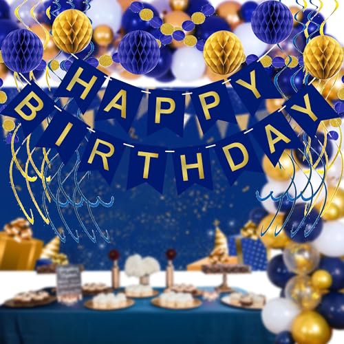 Blue Birthday Decorations Set with Banner, Honeycomb Balls & Swirls
