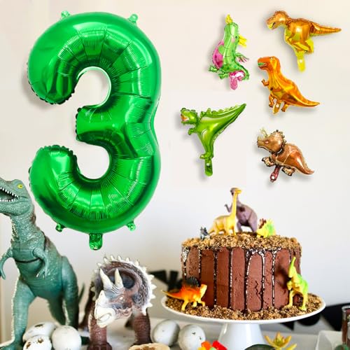 LilyZheng 3rd Birthday Dinosaur Decorations Green Number 3 Balloon with Mini Dino Balloons