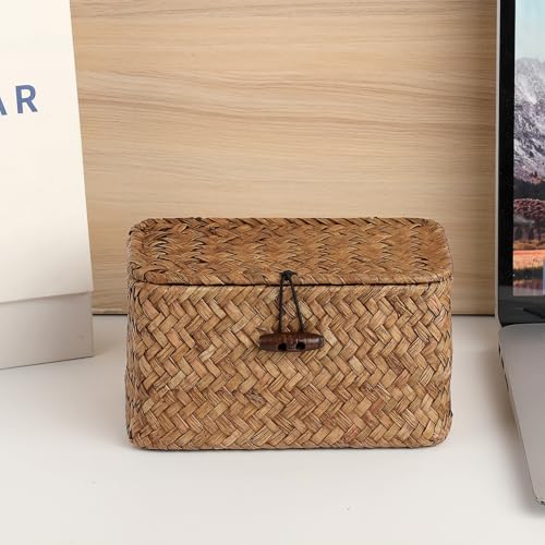 Coffee Wicker Basket with Lid - 6.1" x 4" x 3.3" Seagrass Organizer