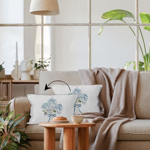 Blue Hydrangea Bow Throw Pillow Cover - 16x24 Flannel Decorative Case