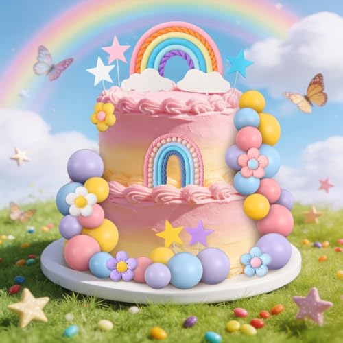 Rainbow Cake Toppers Set - 32 Pcs Boho Decorations for Parties