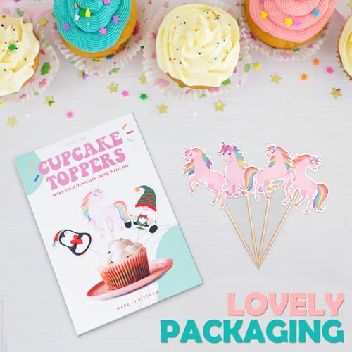 Rainbow Unicorn Cupcake Toppers - 36 Pack for Birthday Parties