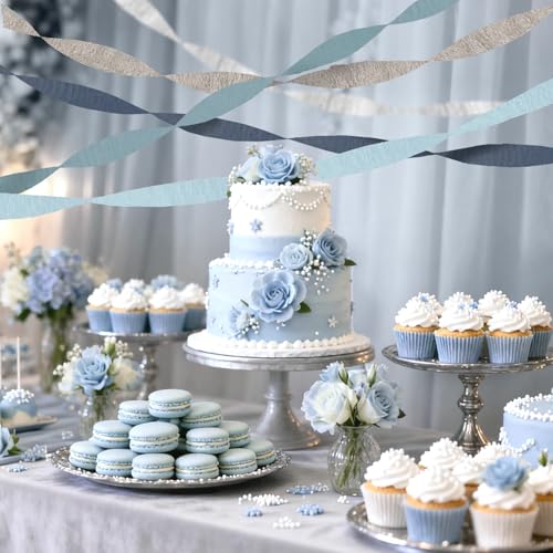 Nicrolandee Dusty Blue & Silver Crepe Paper Streamers - 5 Rolls for Bridal Shower & Party Decorations
