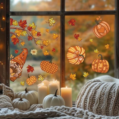 9 Sheets Fall Window Clings - Reusable Gnome & Pumpkin Autumn Decals