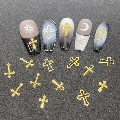 FSpronail 3D Metal Cross Nail Charms - Gold & Silver Y2K Art Accessories Set