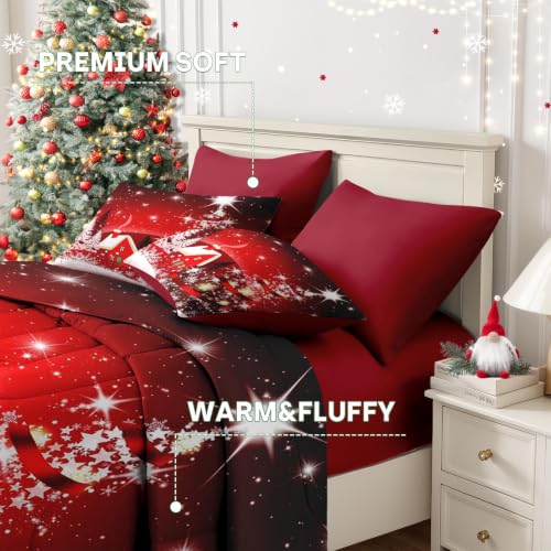 Twin Christmas Tree Bedding Set with Comforter Sheets - Red 5 Pieces