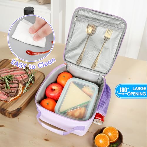 Insulated Kids Lunch Bag with Bow Patch - Pink Purple School Lunch Box