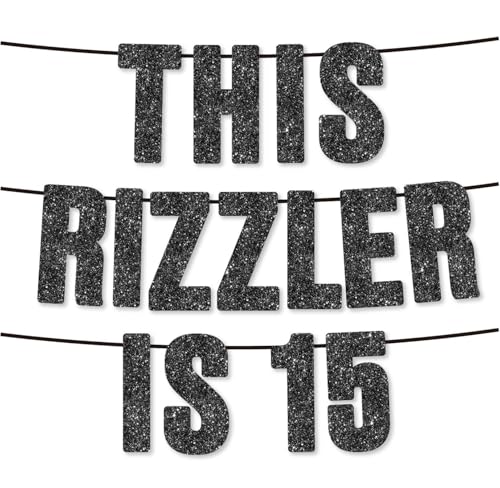 This Rizzler is 15 Black Glitter Banner, Funny Gen Z Slang Birthday Decor