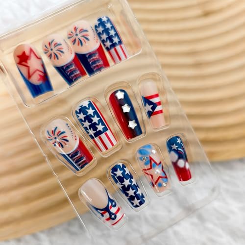 4th of July Press on Nails Medium Square Red White Blue Rhinestone Fake Nails