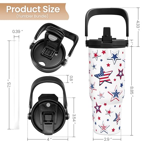 Star American Flag Tumbler with Handle 30oz - Stainless Steel Insulated Travel Mug - USA Gifts for Women & Girls