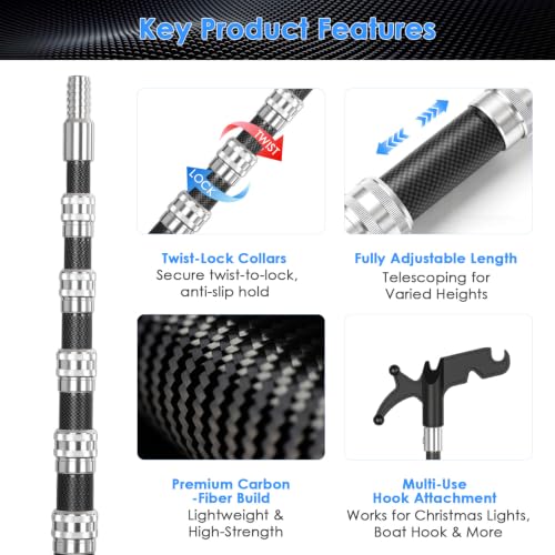 17ft Carbon Fiber Telescopic Light Pole with Utility Hook - Holiday & Outdoor Use