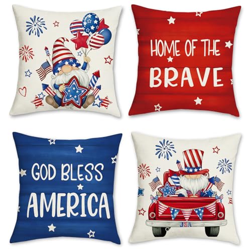 Independence Day Throw Pillow Covers Set of 4 - 18 x 18 Inch Gnome Truck Flag Design