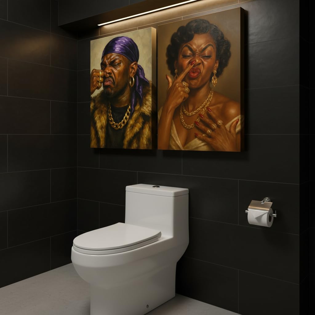 TEOVGKN Funny African American Bathroom Wall Art - Humorous Black Couple Nose Pinching Posters | Framed 12x16 in