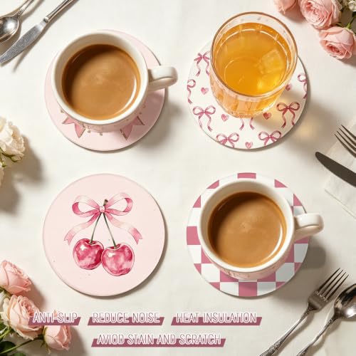 Pink Ceramic Coasters Set of 4 with Bow & Cherry, Absorbent Cork Backing, Home & Kitchen Decor