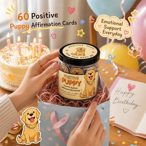Positive Affirmation Jar with Golden Retriever - 60 Uplifting Cards for Women & Kids - Encouragement Gift, Positive Support, Stress Relief