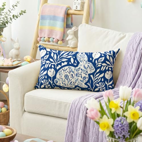 Easter Bunny Throw Pillow Cover - Dark Blue & White, 12x20 Inch