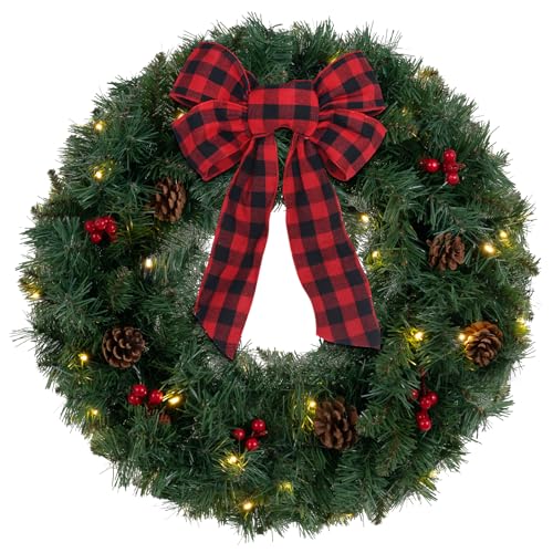 24 Inch Christmas Wreath with Lights and Red Green Variation