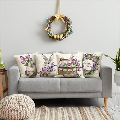 Easter Throw Pillow Covers 18x18 Set of 4, Spring Farmhouse Cushion Cases