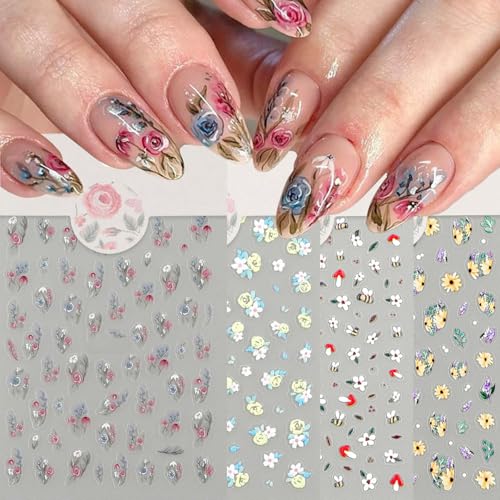 MIXFOSAHN 3D Floral Nail Stickers Set - Colorful Flower Decals for Nail Art (8 Sheets)