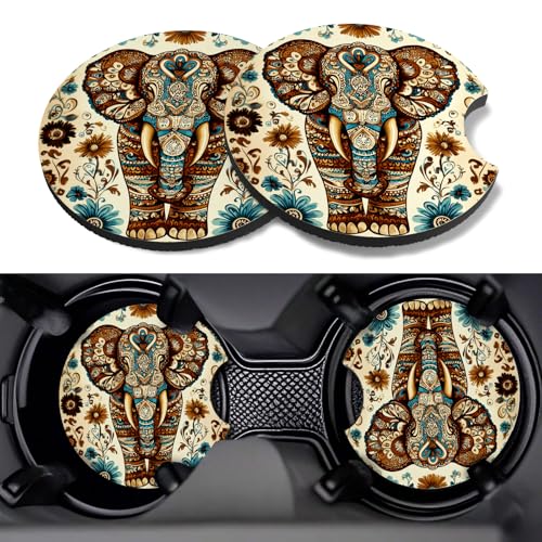 Cute Elephant Car Coasters - 2 Pack, 2.75 Inch Anti-Slip & Absorbent