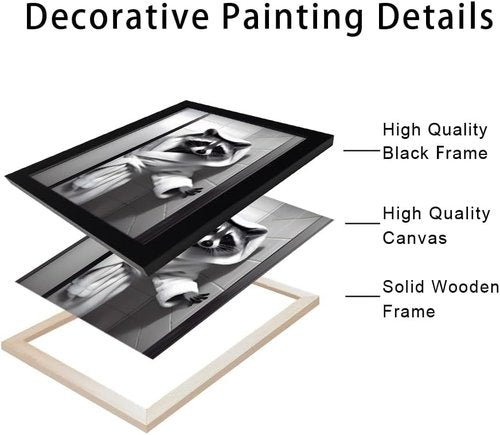 Farmhouse Bathroom Decor | Raccoon Wall Art - Cute Black and White Canvas Print with Bathrobe Design