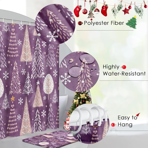 Bathroom Set with Shower Curtain and Rugs - Christmas Tree Snowflakes Purple