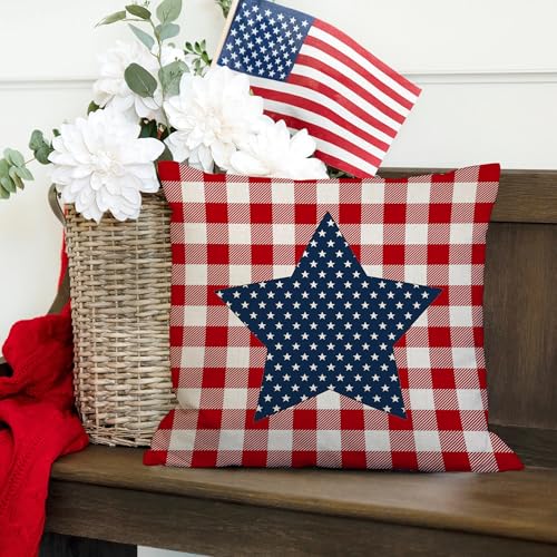 18x18 Patriotic Star Plaid Pillow Covers - Set of 2 for Home Decor
