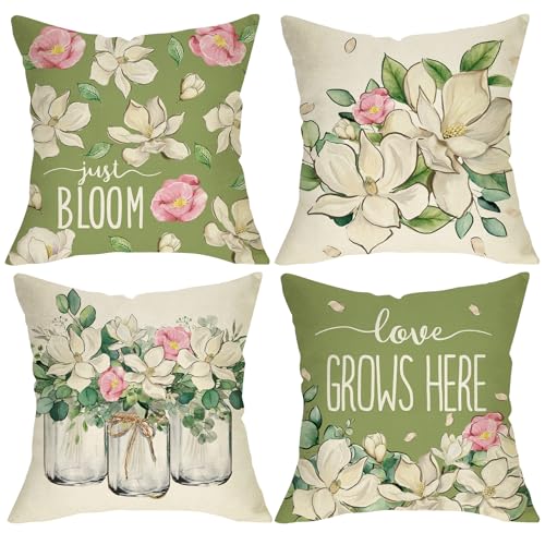 Spring Magnolia Flower Throw Pillow Covers 18x18 - Set of 4