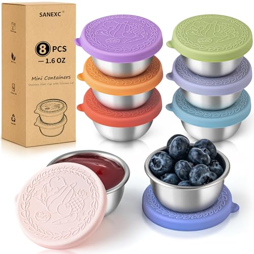 SANEXC 8 Pack Small 1.6 Oz Salad Dressing & Sauce Containers with Multicolor Lids
