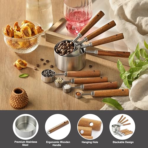 8-Piece Stainless Steel Measuring Cups and Spoons Set with Wood Handles