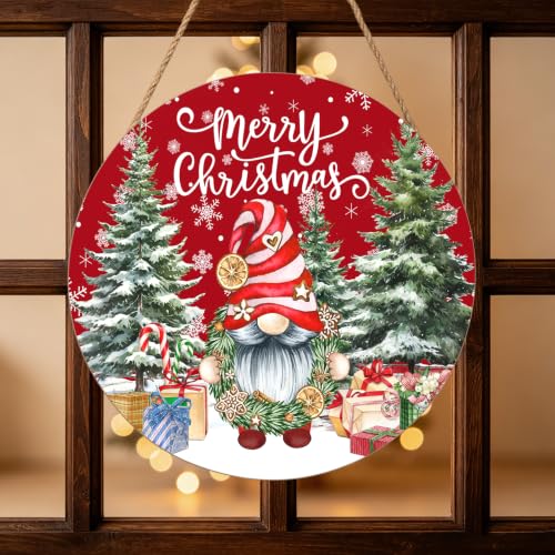 Christmas Gnome Welcome Sign - Merry Christmas Wooden Door Hanger, 12x12 Inch Porch Decor