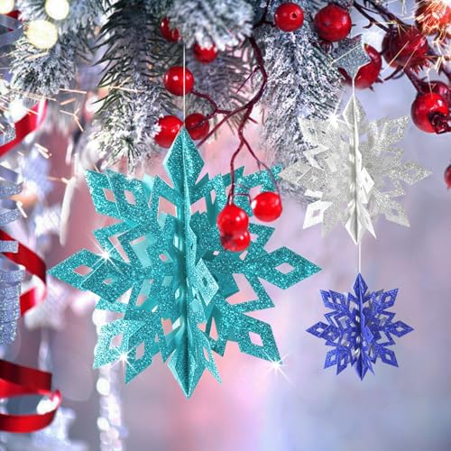 3D Blue Silver Snowflakes Hanging Decorations - 15pcs Christmas Ornaments