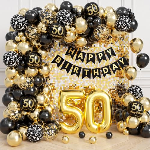 Black and Gold 50th Birthday Decorations Kit - 154pcs with Banner & Balloons