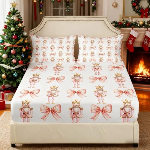 Pink Bowknot Fitted Sheet Twin Size - Cartoon Nutcracker Kids Bedding Set with Pillowcase - Golden Pink Variation