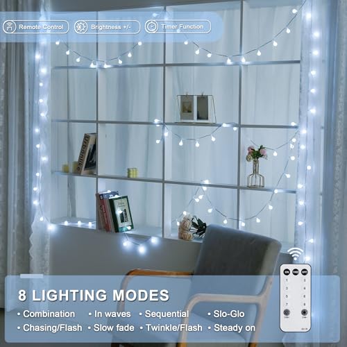 Indoor & Outdoor Waterproof Globe String Lights - 200 LEDs, White, 116ft, Remote