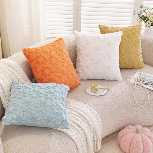 TAOSON White Sunflower Faux Fur Throw Pillow Covers 18x18 Set of 2
