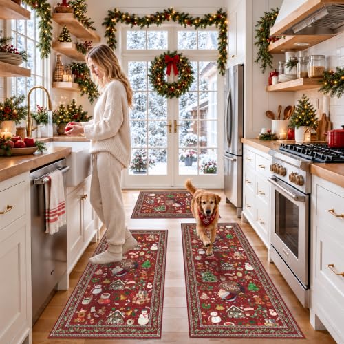 Christmas Kitchen Rugs Set of 3 Non-Slip Washable Holiday Runners - Red