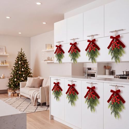 Christmas Mini Cedar Swags with Velvet Bow - Set of 6, 10.6 Inches