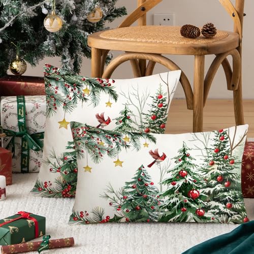 AACORS Christmas Pillow Cover 18x18 Red Baubles Tree Holiday Decor