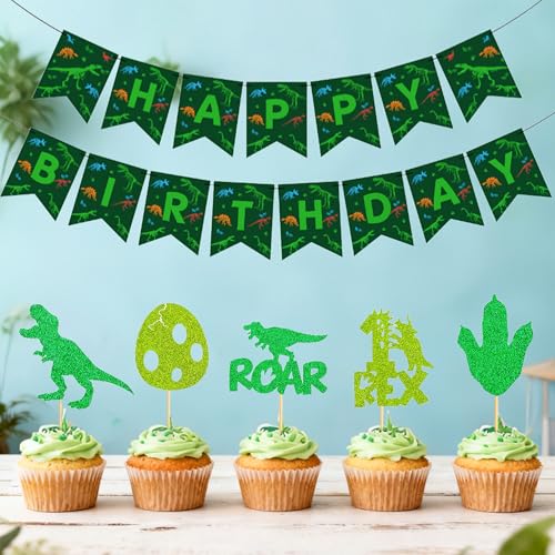 Dinosaur Happy Birthday Banner and Cupcake Toppers Party Set