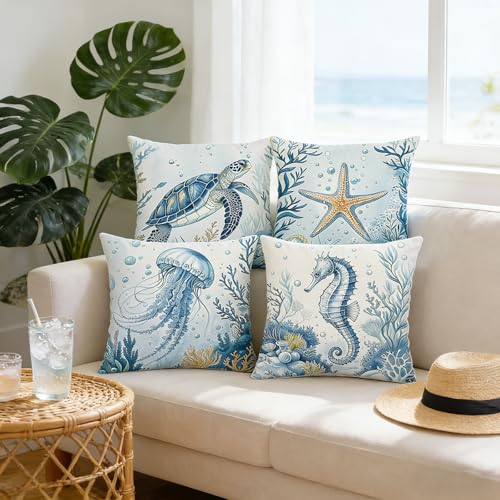 Coastal Throw Pillow Covers 18x18 Blue Marine Life Set of 4 Nautical Velvet